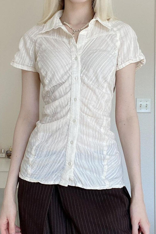 Polo Collar Ruched Slim Texture White Blouse