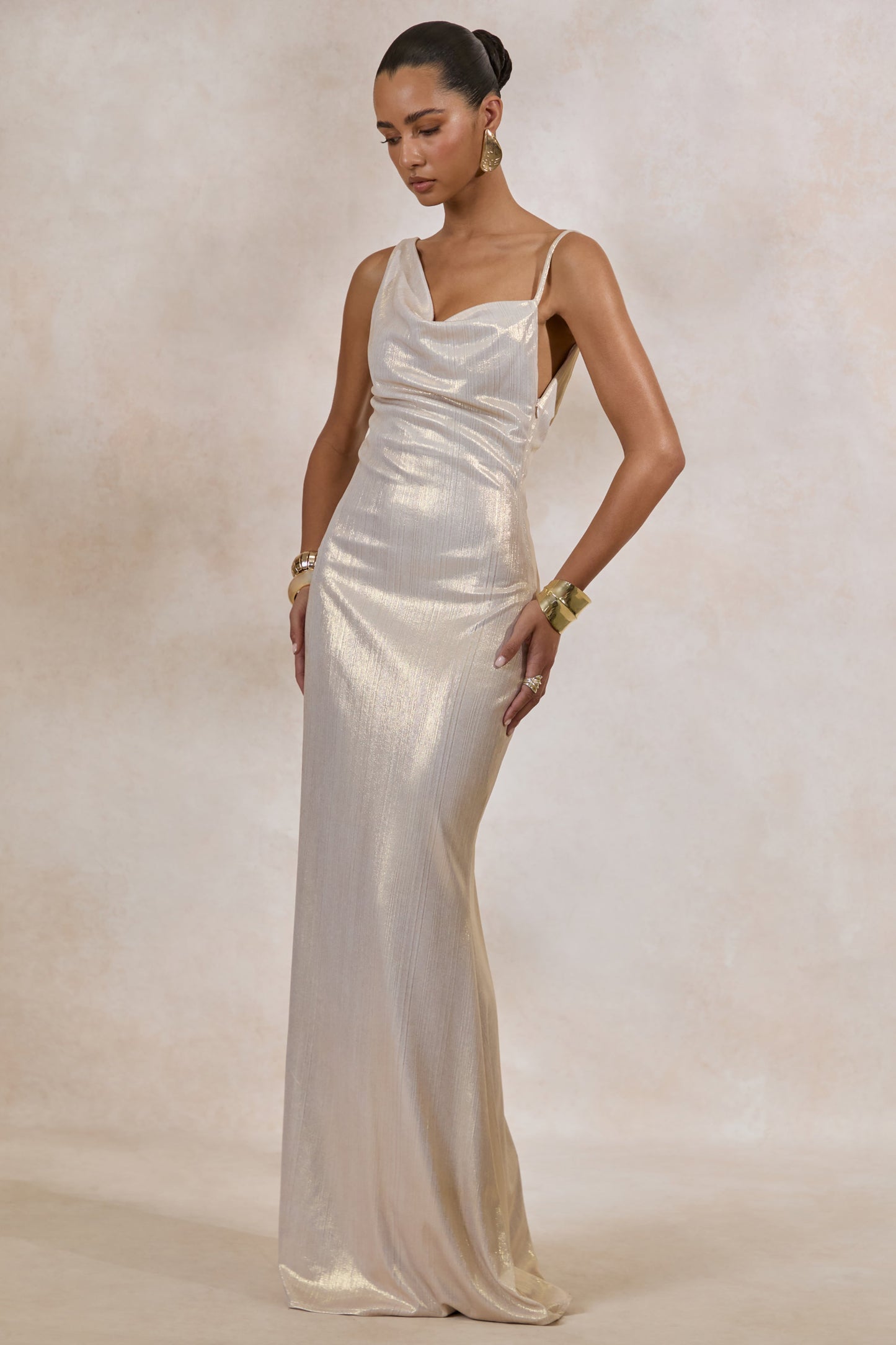 Galaxy Shimmer | Champagne Bias Cut Cowl Front Maxi Dress
