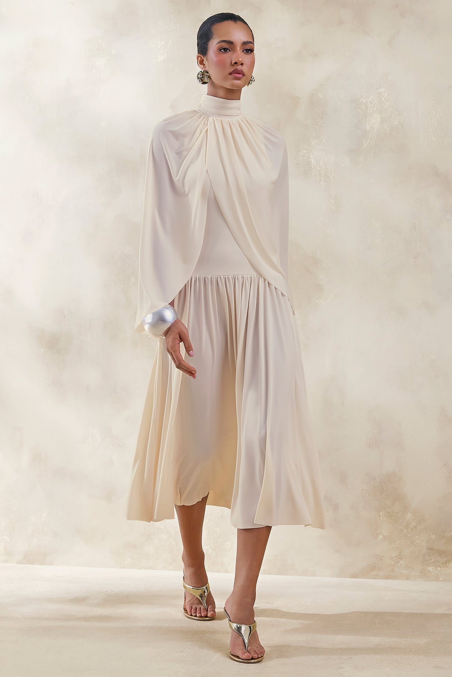 Honora | Cream High-Neck Midi Dress With Cape-Sleeves
