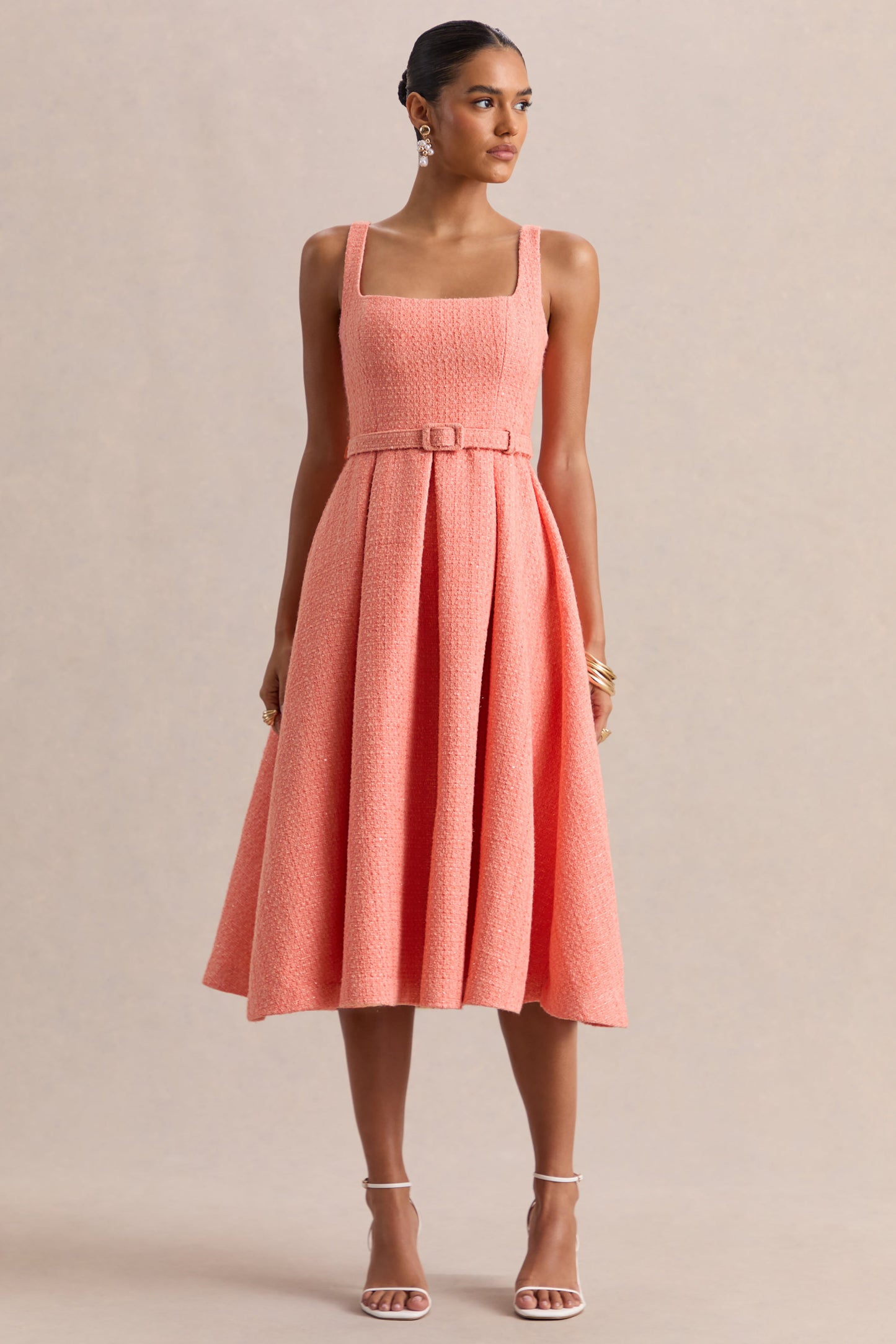Camoria | Coral Boucle Square-Neck Midi Dress