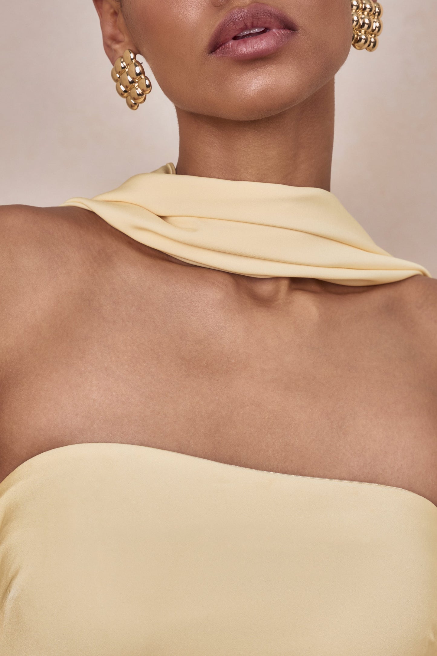 Charly | Lemon Matte Satin Bandeau Maxi Dress With Scarf-Detail