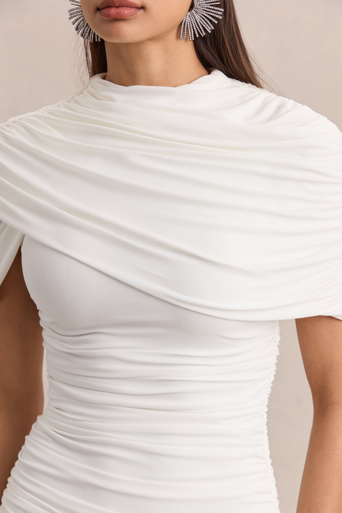 Fenella | White High-Neck Mini Dress With Cape-Sleeves And Ruched Detailing