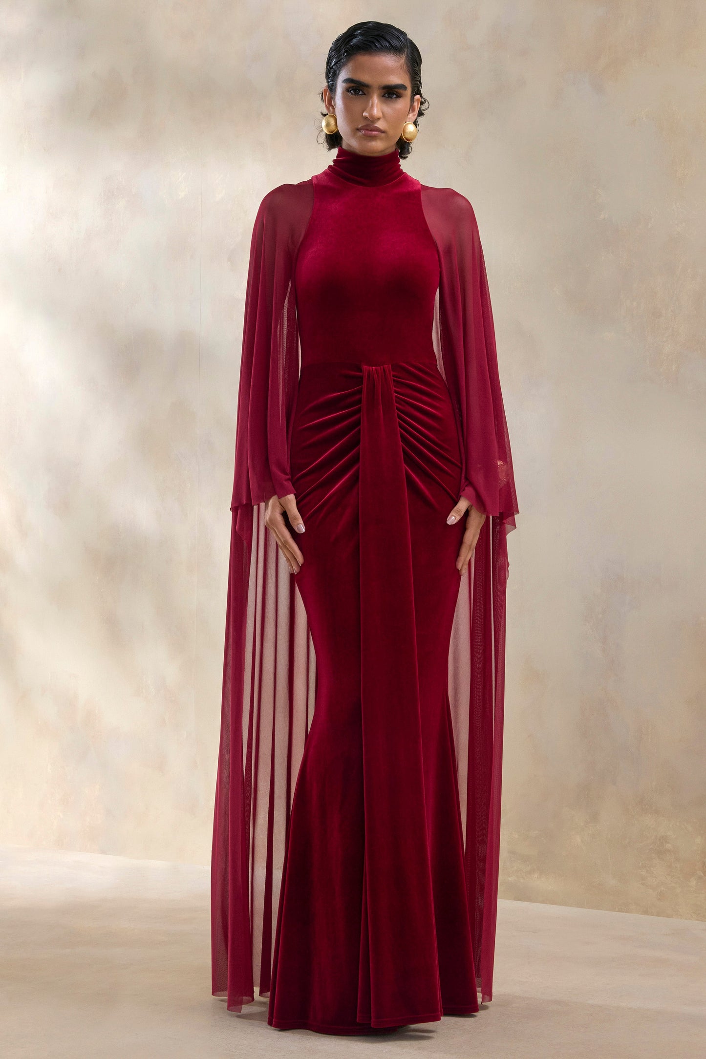 Adoring | Burgundy Velvet High-Neck Maxi Dress With Cape