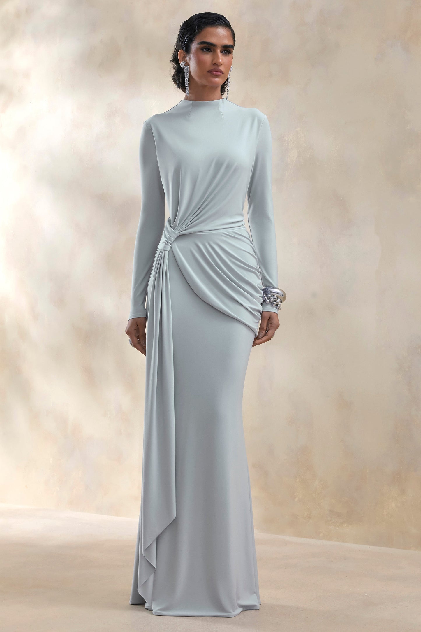 Kyrissa | Blue High-Neck Maxi Dress With Gathered-Detailing