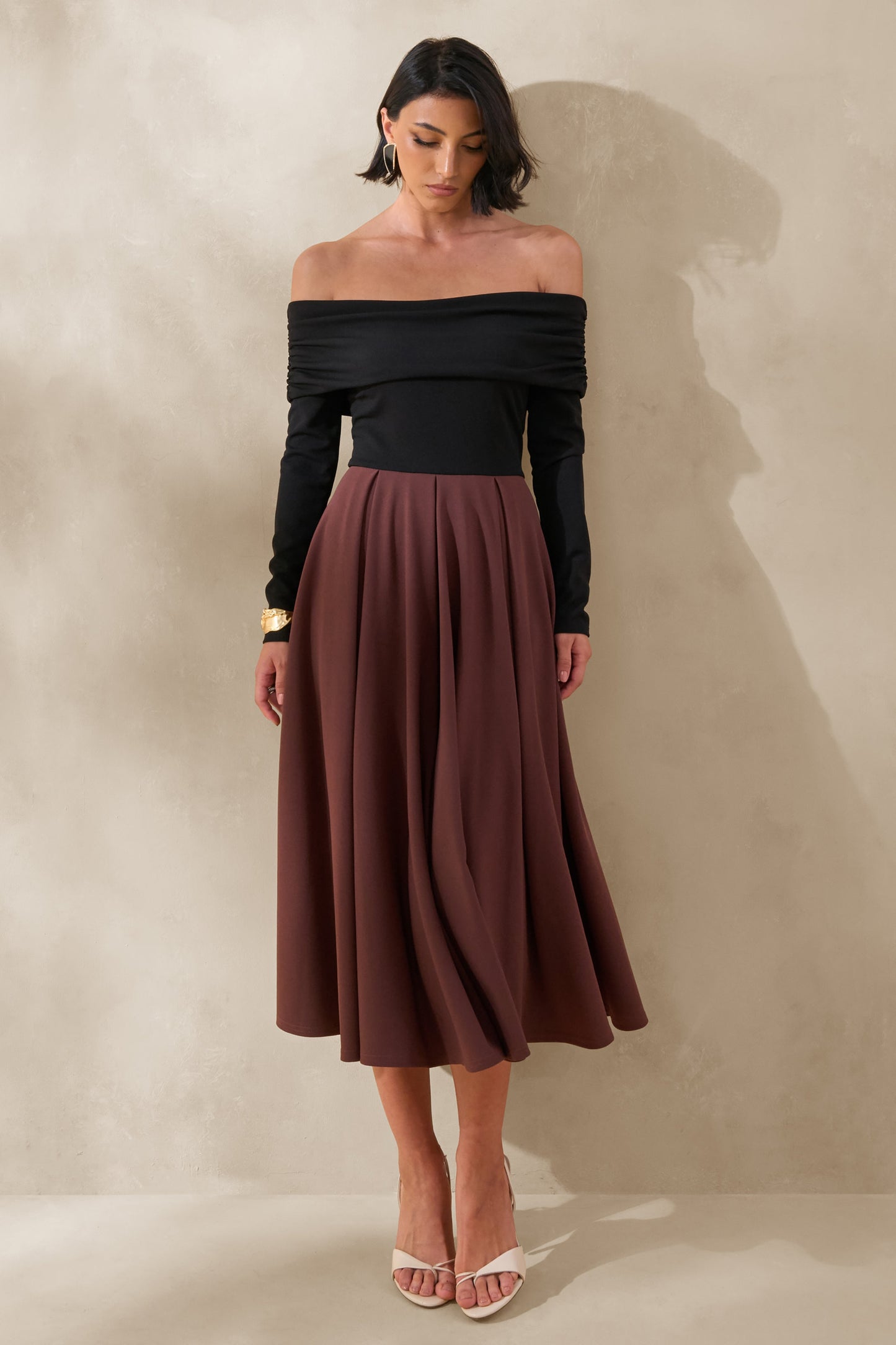 Frederica | Black And Brown Bardot-Neck Midi Dress