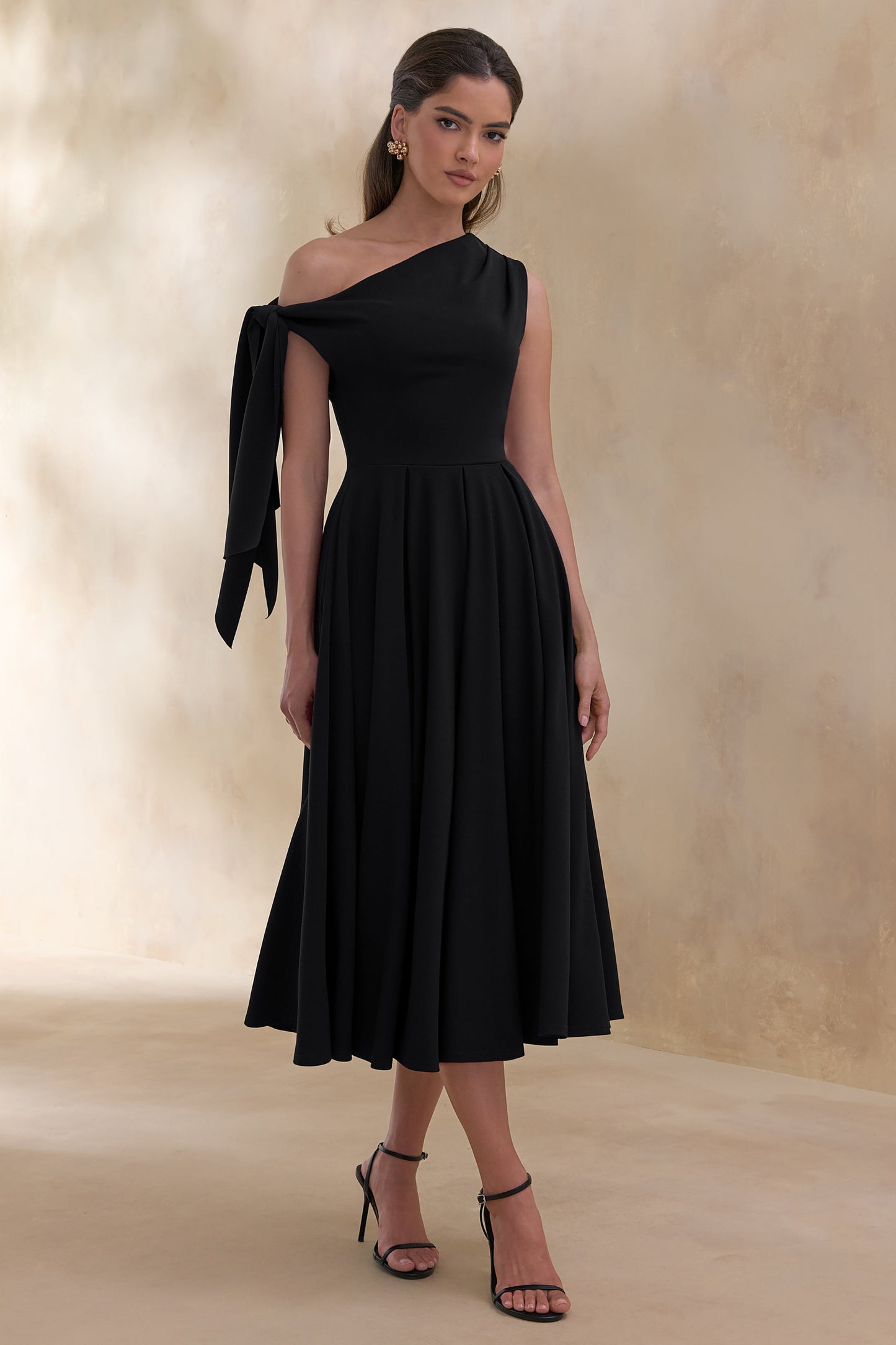 Daring | Black Asymmetric-Neck Midi Dress With Knot-Detail