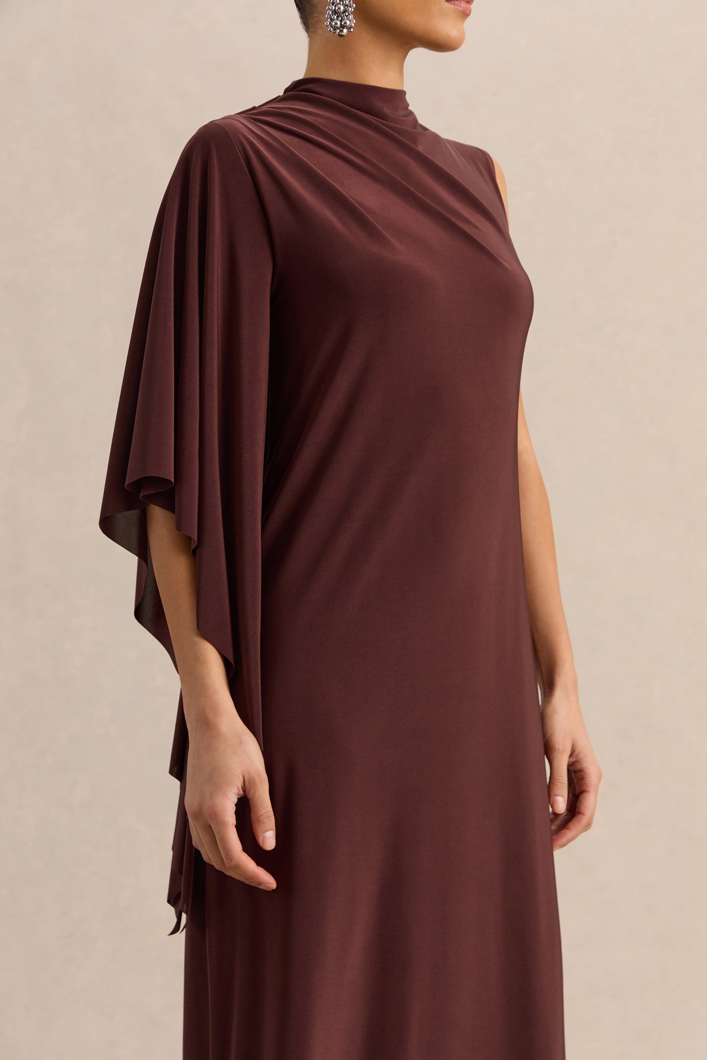 Marosia | Brown High-Neck Maxi Dress With Cape Sleeve