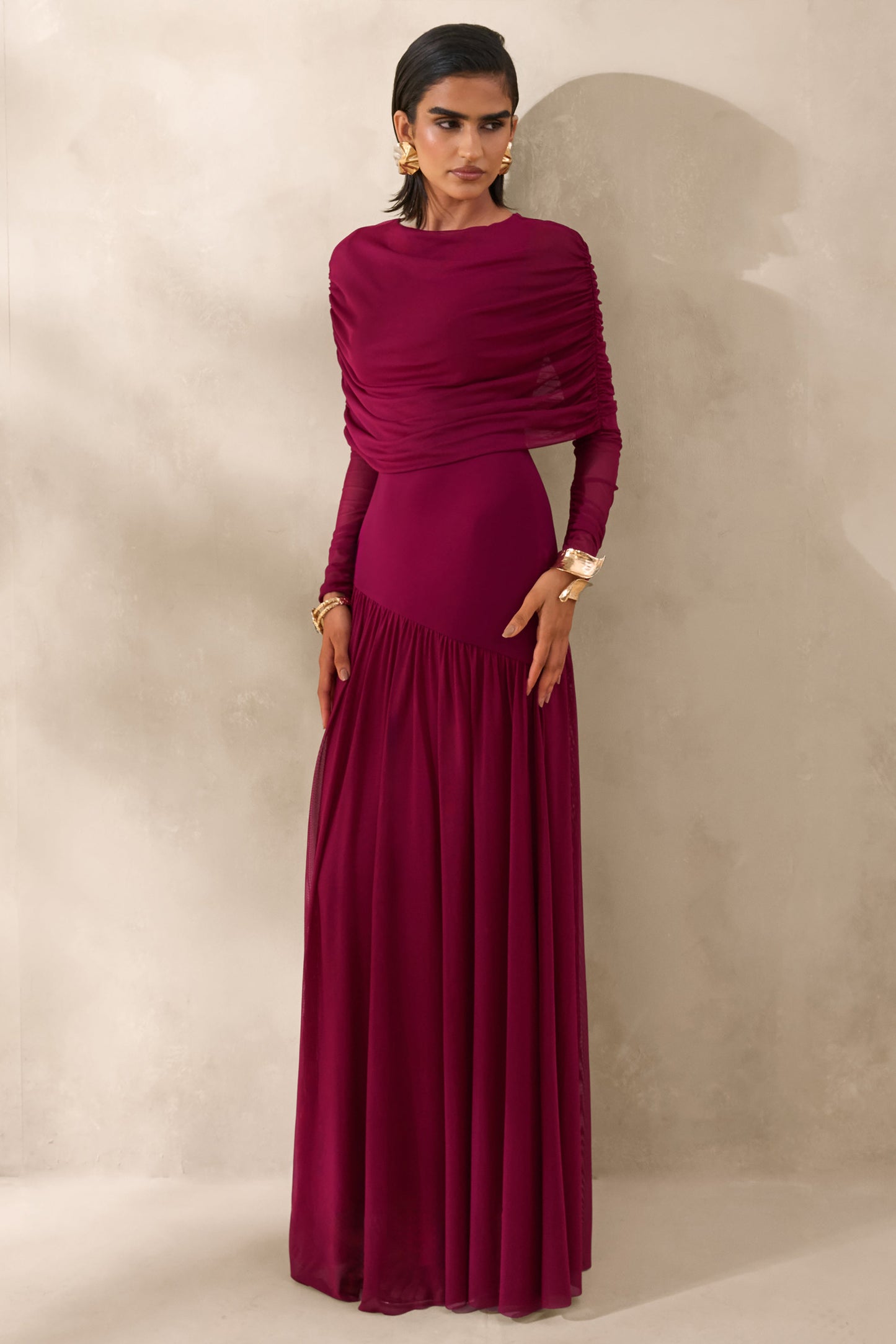 Enalia | Burgundy Mesh High-Neck Maxi Dress With Short-Cape