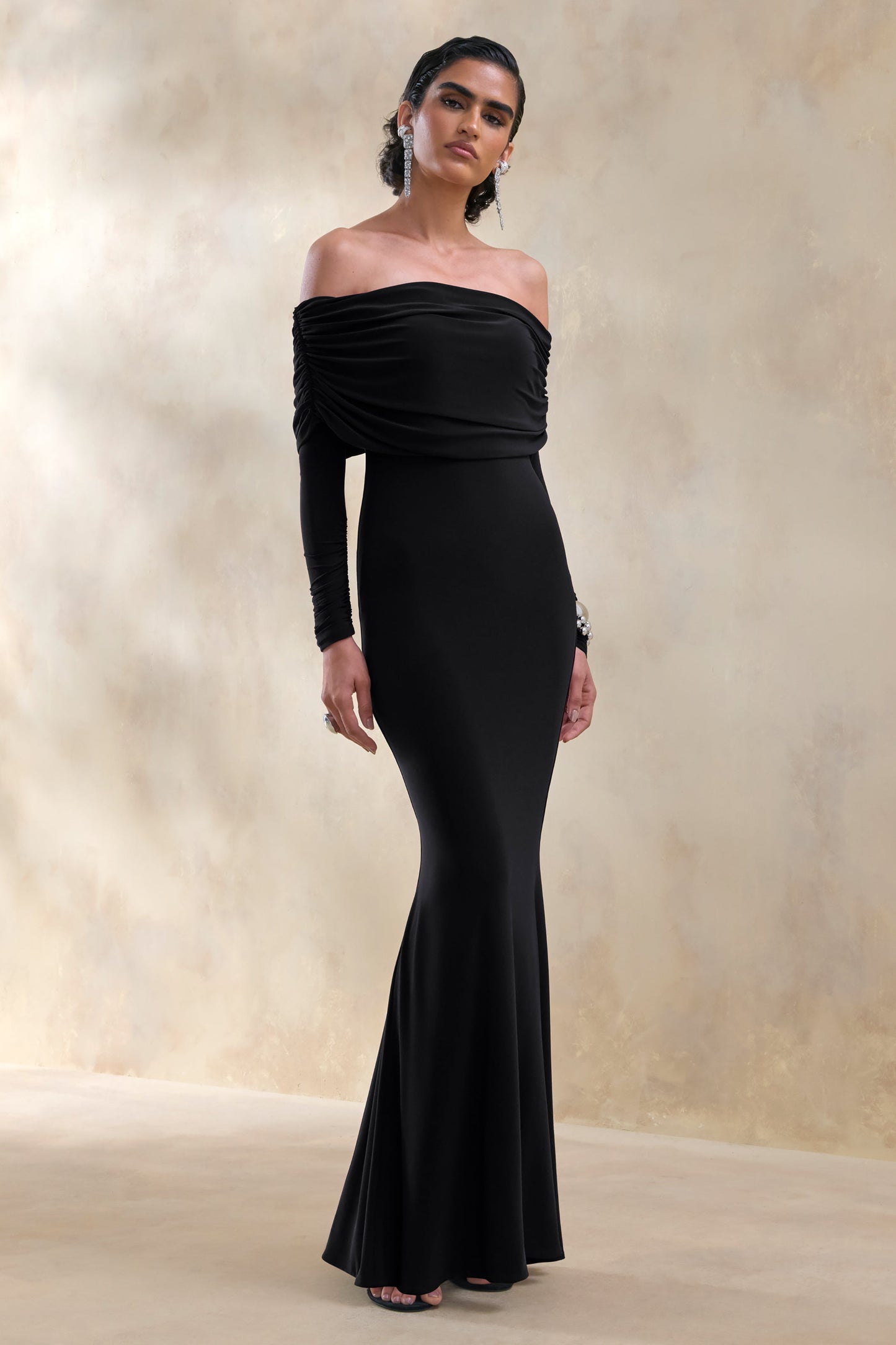 Brisea | Black Bardot-Neck Maxi Dress