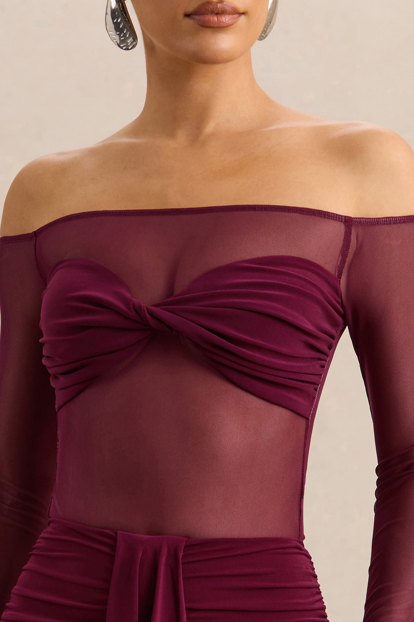 Maira | Burgundy Mesh Bardot-Neck Thong Bodysuit