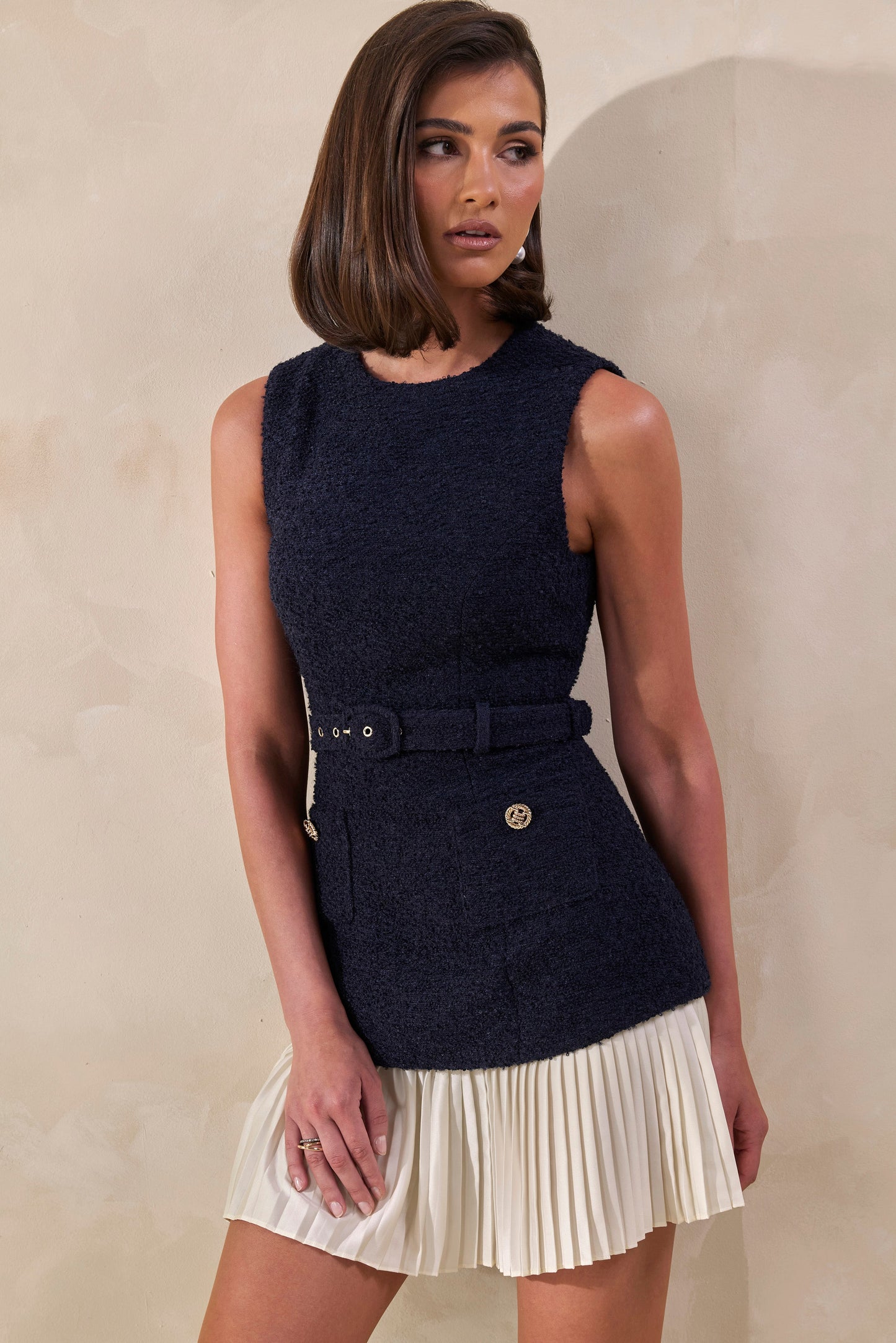 Anise | Navy Crew-Neck Belted Mini-Dress With White Pleated-Hem