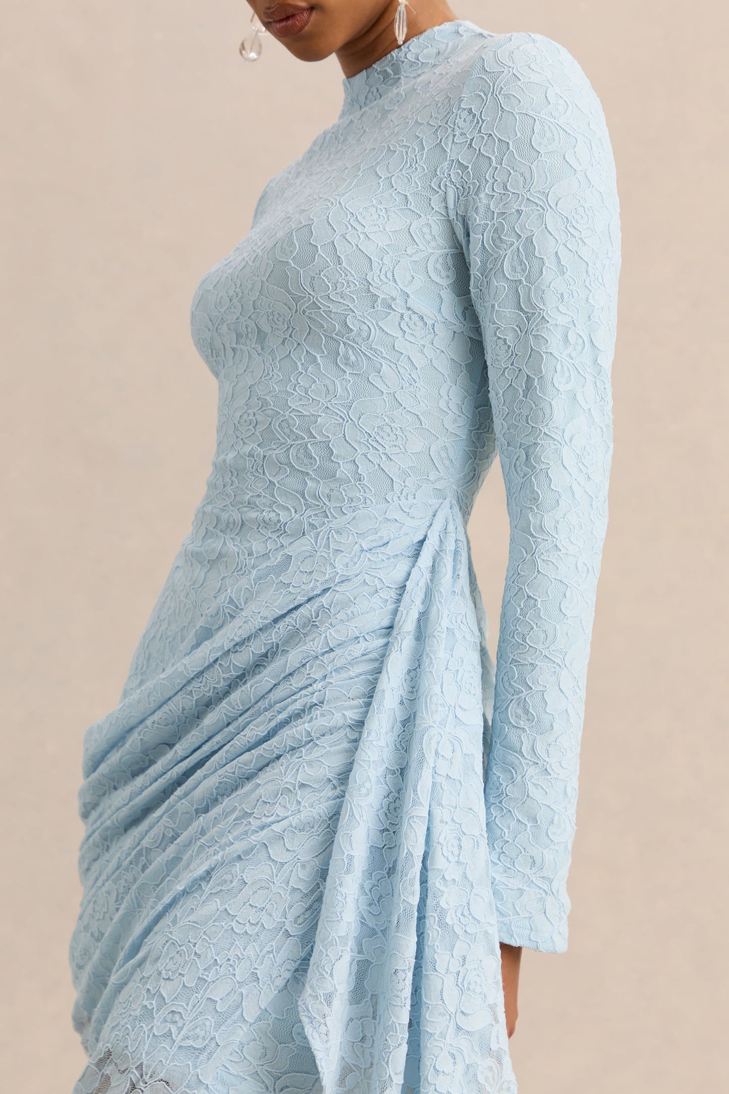 Laureline | Powder Blue Lace Crew-Neck Midi Dress With Draped-Detail And Asymmetric-Hem