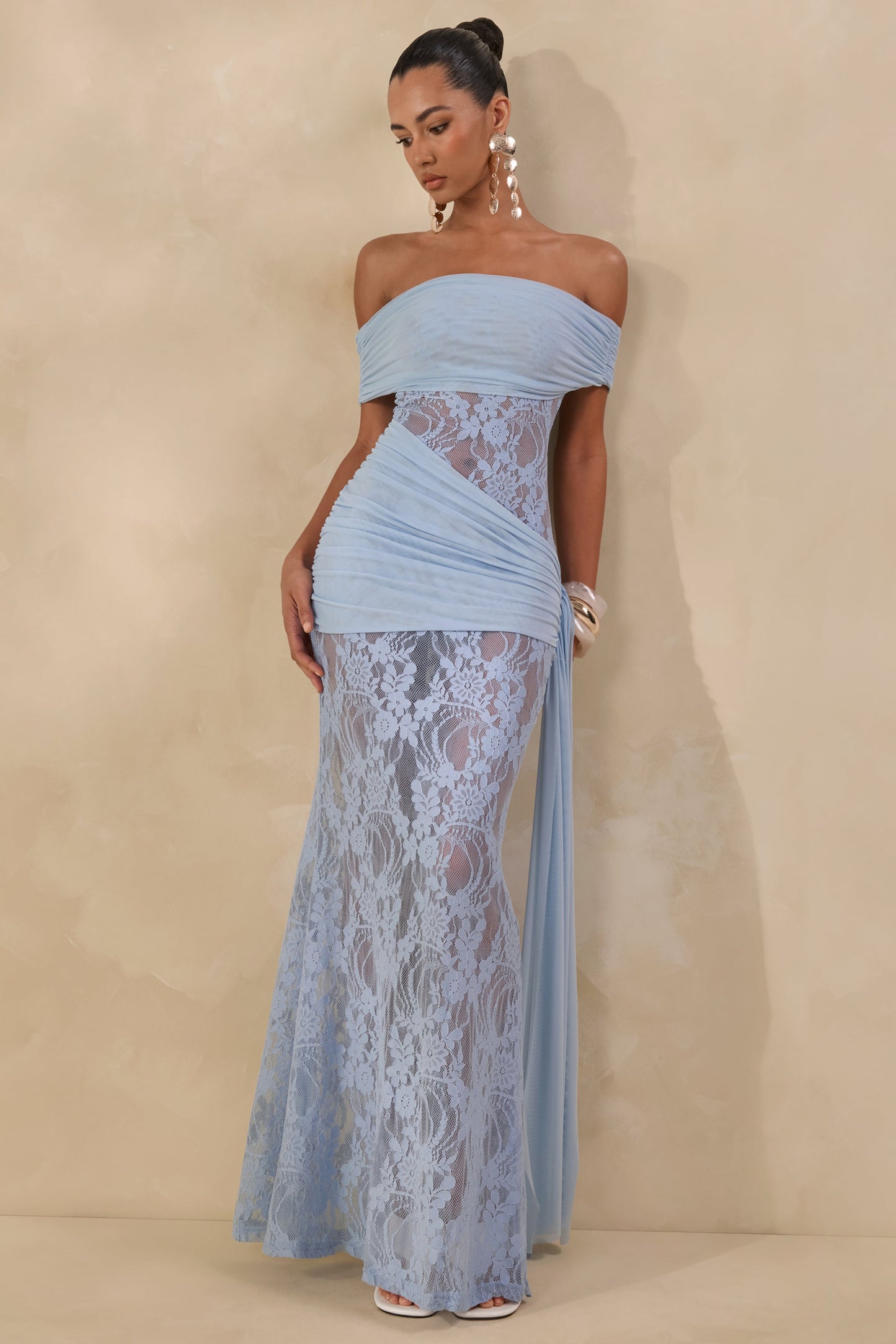 Enavine | Powder Blue Lace Bardot-Neck Maxi Dress With Gathered-Detailing And Sash