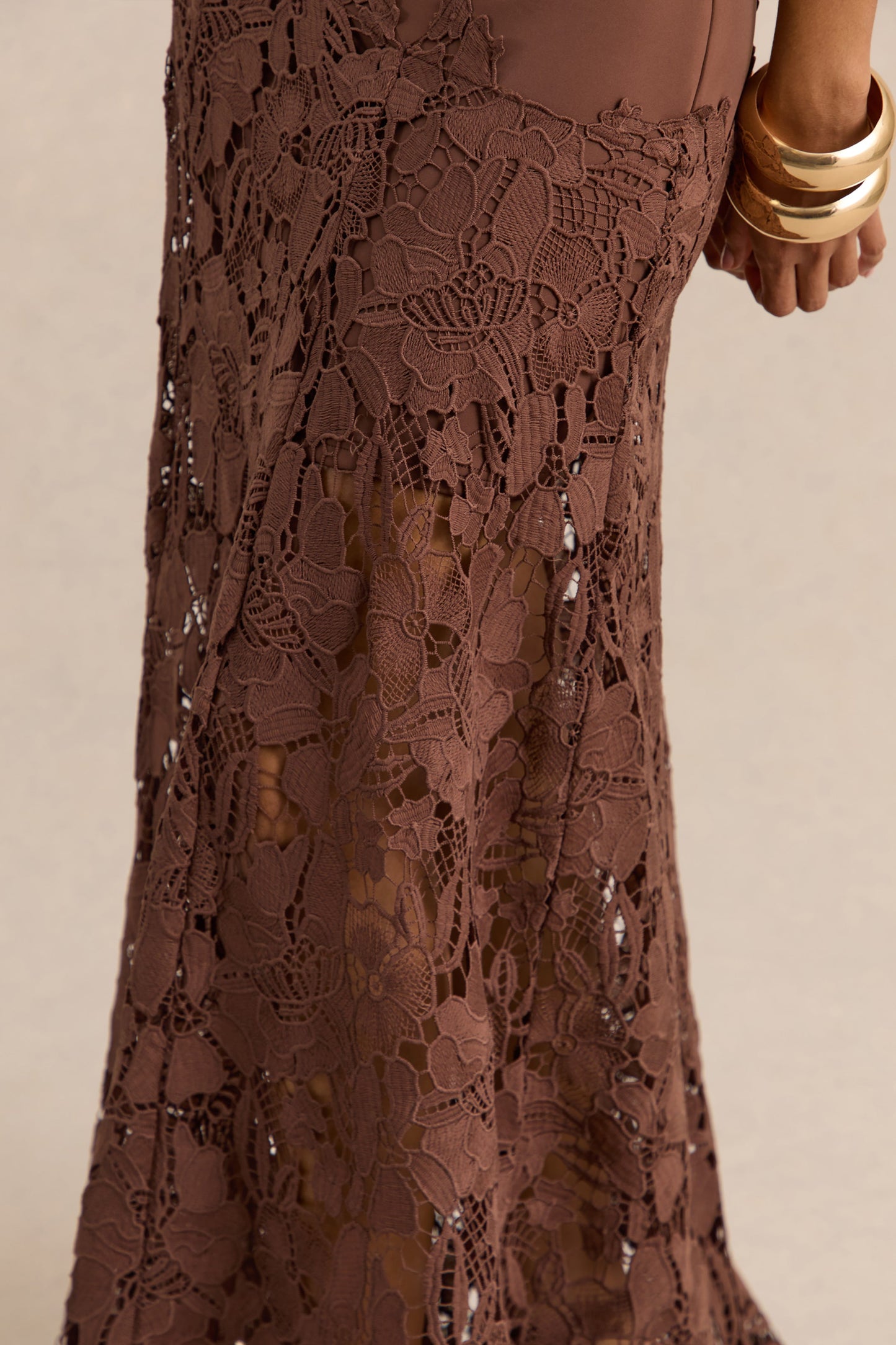 Calune | Brown Lace Wide-Neck Maxi Dress