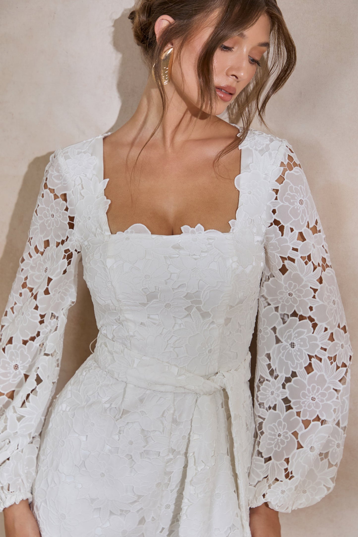 Korinna | White Lace Square-Neck Playsuit With Belt Detail
