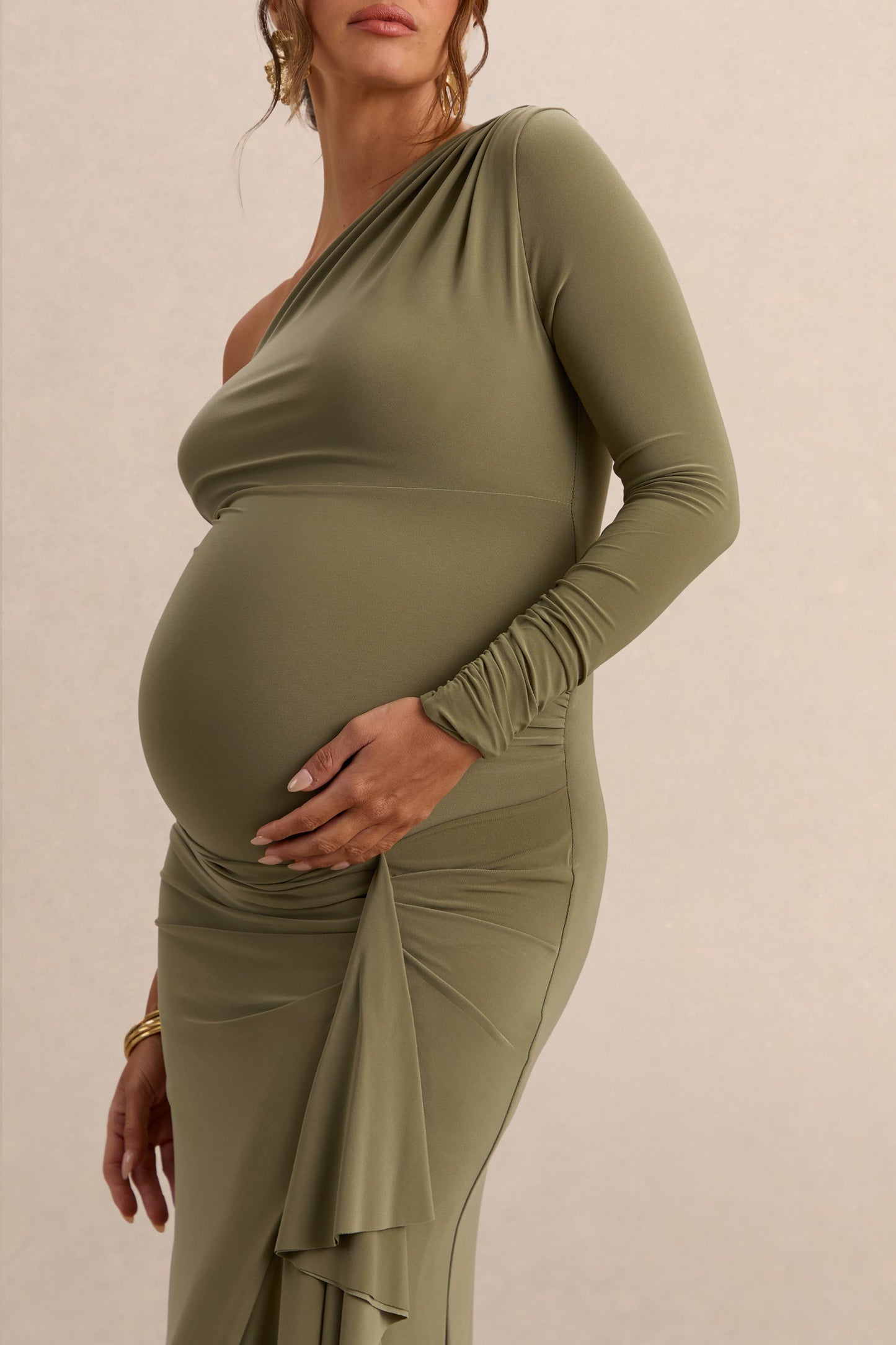 Drusilla | Olive Asymmetric-Neck Maternity Maxi Dress With Gathered Detailing