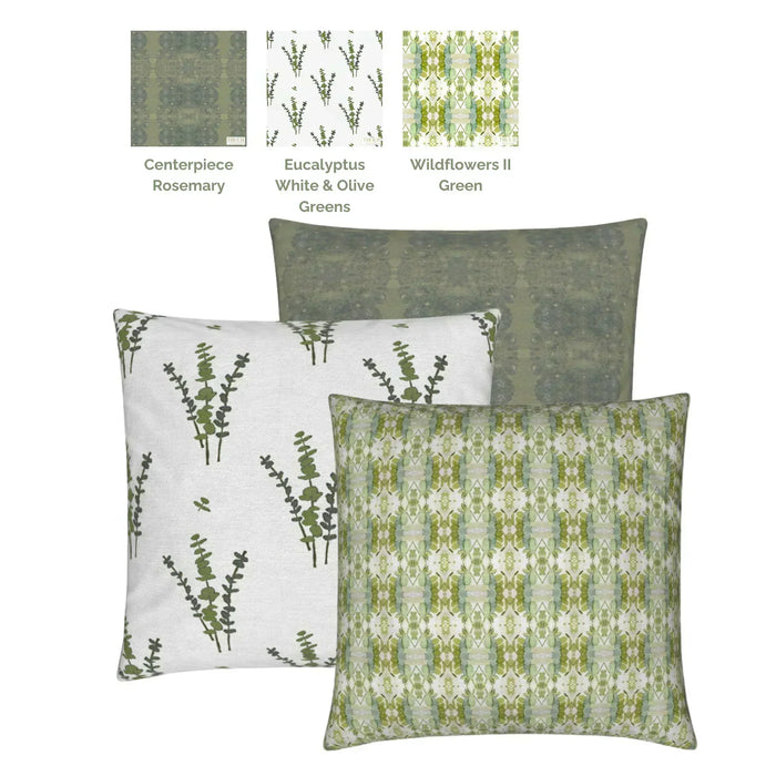 Luxury green floral decorative pillow with a delicate small repeat botanical pattern, designed for layered beds and collected modern traditional interiors.