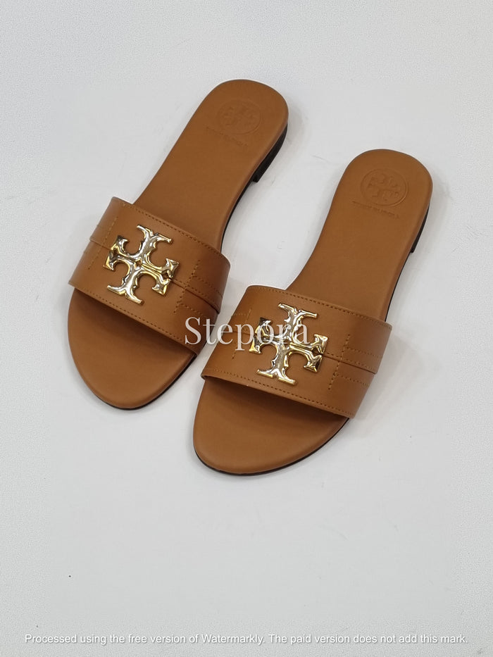 Classic Gold Cutout Emblem Slides – Women’s Matte Flat Sandals
