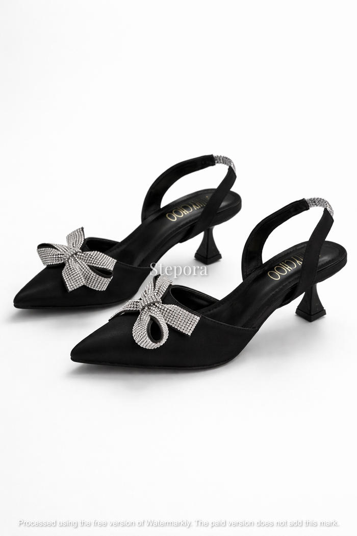 Crystal Bow Satin Slingback Heels