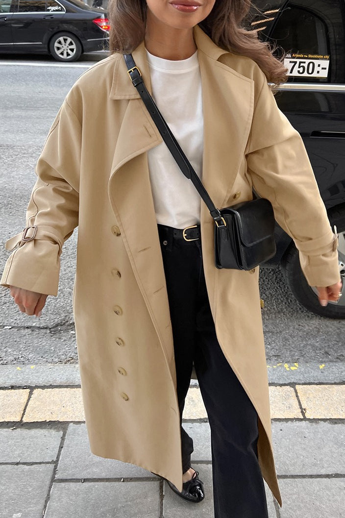 Chic Khaki Longline Double Breasted Overcoat