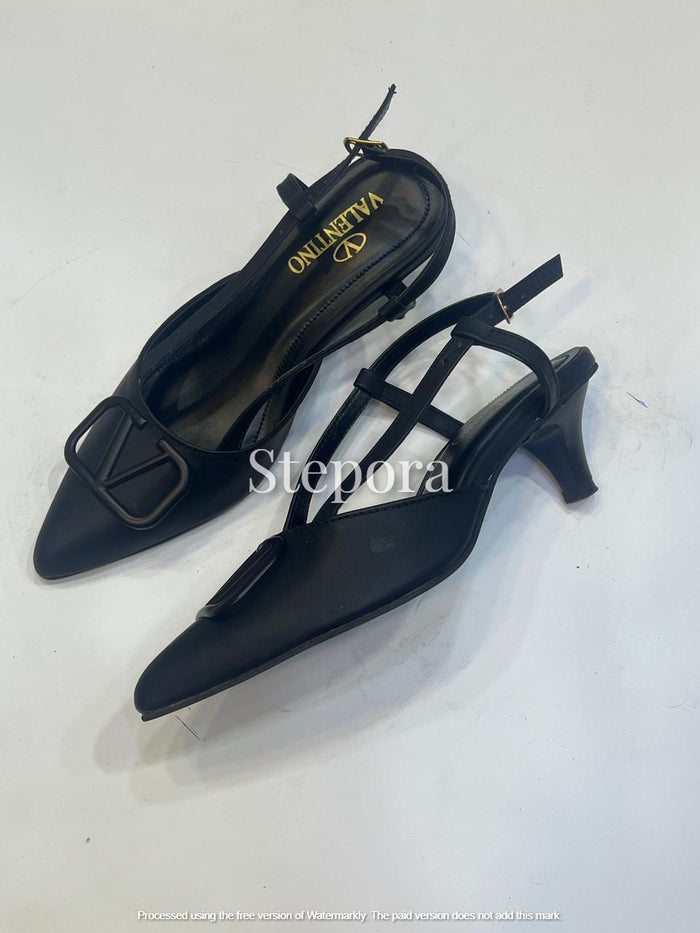 Elegant Black Pointed Toe Kitten Heel with Decorative Front Buckle