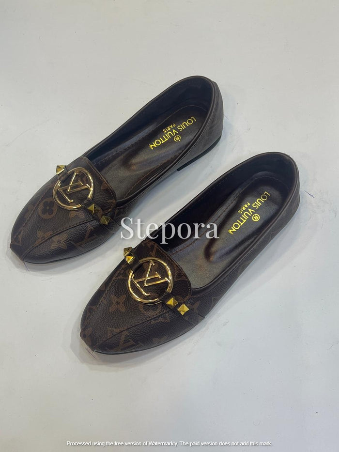Monogram Canvas Loafer Flats – Classic Brown Leather Ballet Flats with Gold Medallion & Stud Detail