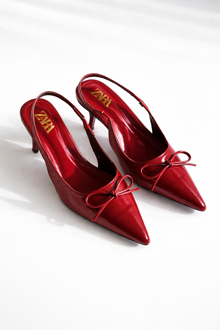 Patent Pointed-Toe Slingback Kitten Heels with Bow Detail