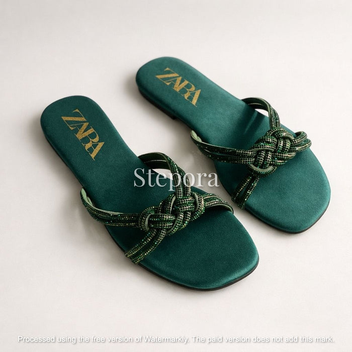 Rhinestone Knotted Flat Sandals - Sparkly Satin Slide Mules