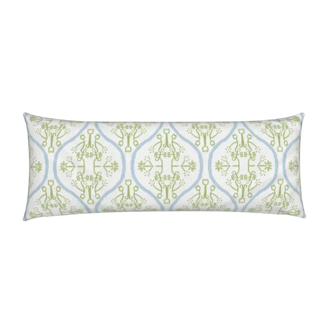 Watercolor Damask White/Sky Blue & Green Luxury Bolster