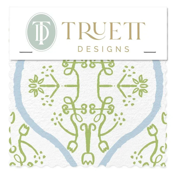 Watercolor Damask White/Sky Blue/ Green Luxury Fabric by the Yard