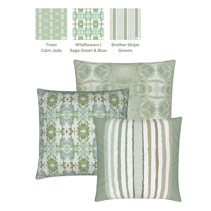 Three green patterned pillows with color swatches labeled 'Calm Jade', 'Sage Green & Blue', and 'Brother Stripe'.