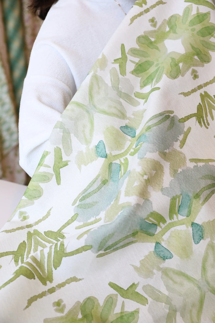 Wildflowers I White & Apple Green Large Repeat Luxury Fabric by the Yard
