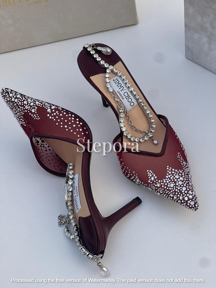 Women’s Pointed Toe Crystal Mesh Stiletto Pumps – Sparkling Rhinestone Evening Heels with Decorative Jewel Ankle Chain