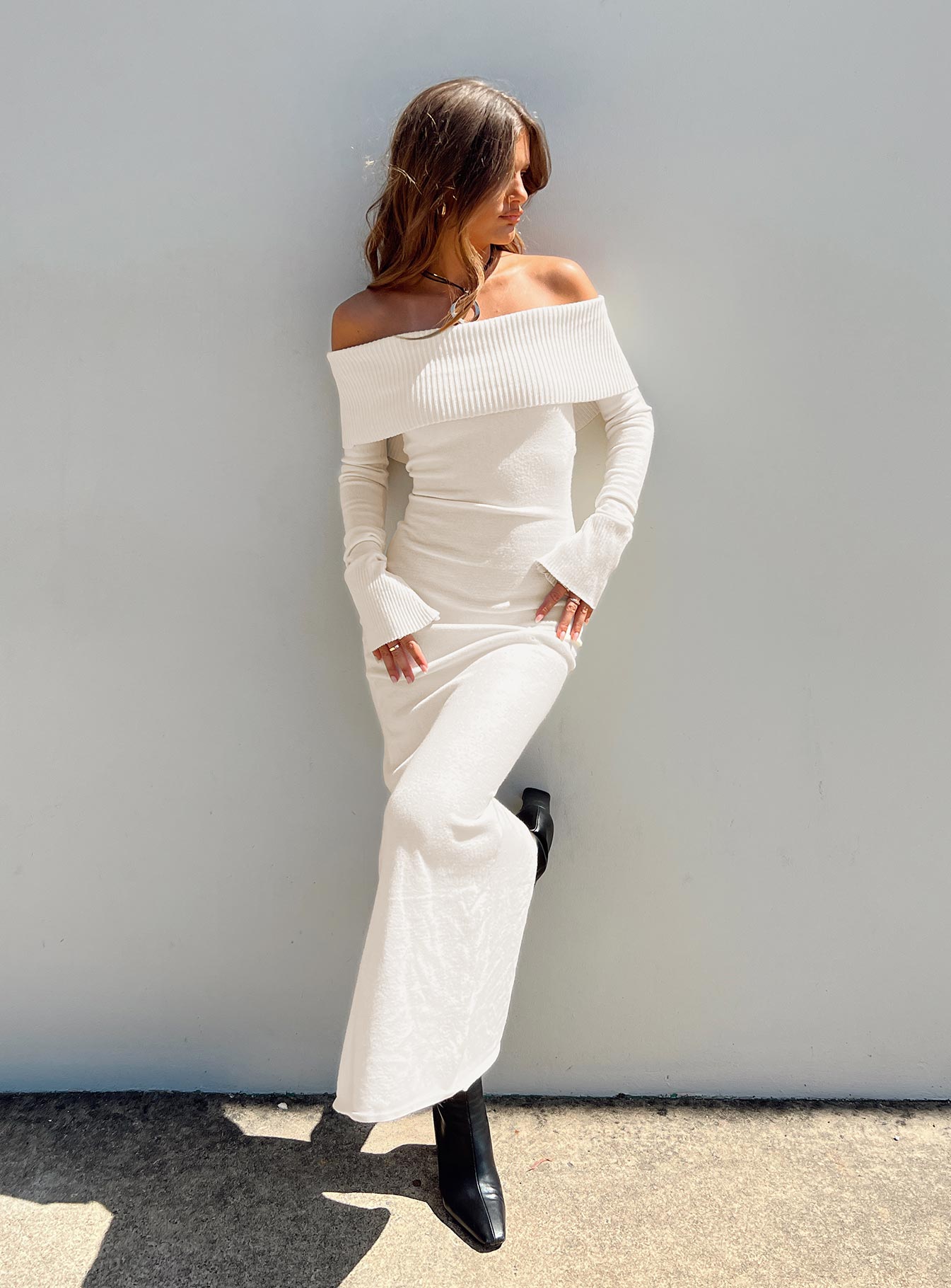 Louden Long Sleeve Off Shoulder Maxi Dress Cream