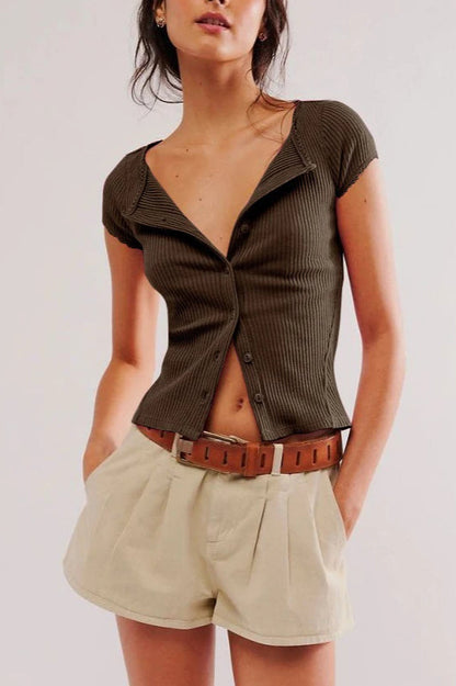 Button Short Sleeve Ribbed Cardigan