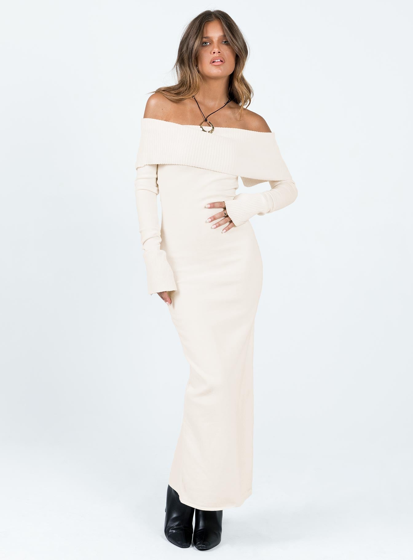 Louden Long Sleeve Off Shoulder Maxi Dress Cream