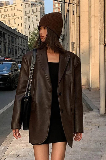 Black PU Leather Blazer Jacket