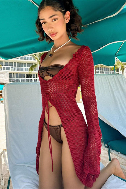 Solid Sexy V Neck Tie Knit Hollow Blouse