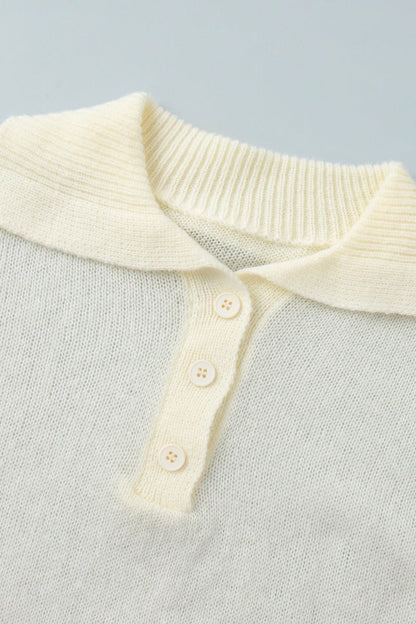 Minimalist Polo Hollow Knit Puff Sleeve Blouse