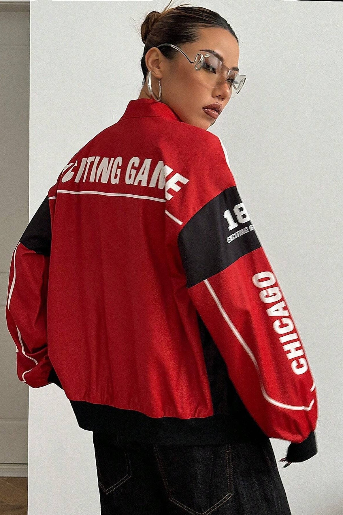 Letter Design Zip Color Block Biker Chic Long Sleeve Jacket