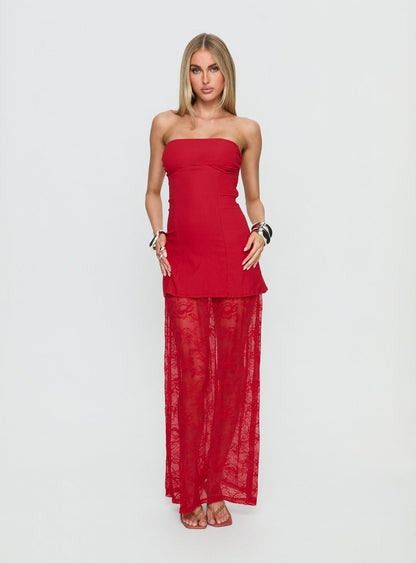 Aleda Sheer Lace Detail Strapless Maxi Dress Red
