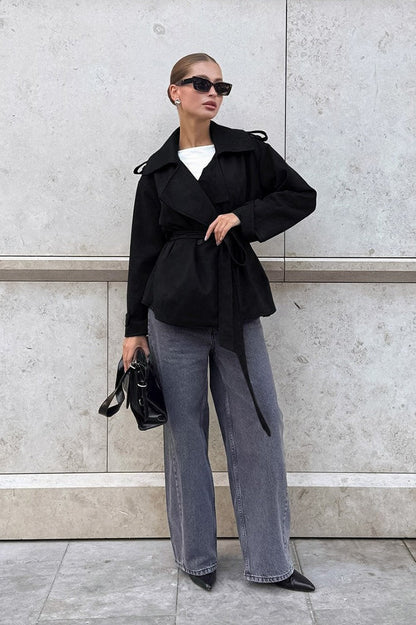Suede Solid Tie Waist Thickened Warm Coat