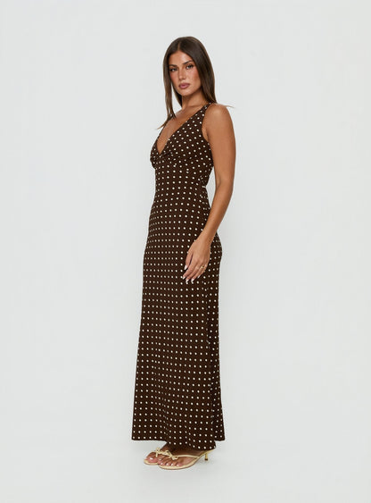 Nellie Maxi Dress Brown Polka Dot Tall