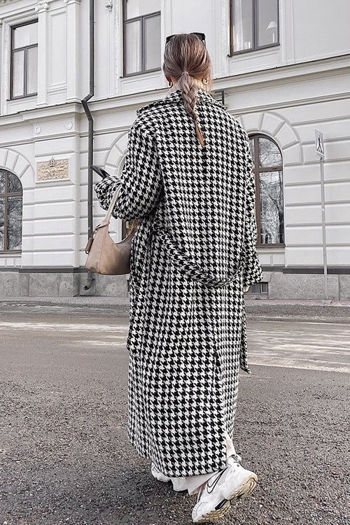 Houndstooth Long Trench Coat Chic Elegant Overcoat