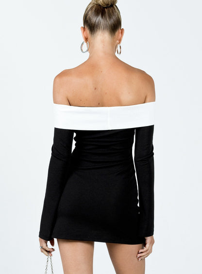 Anya Long Sleeve Off Shoulder Mini Dress Black / White