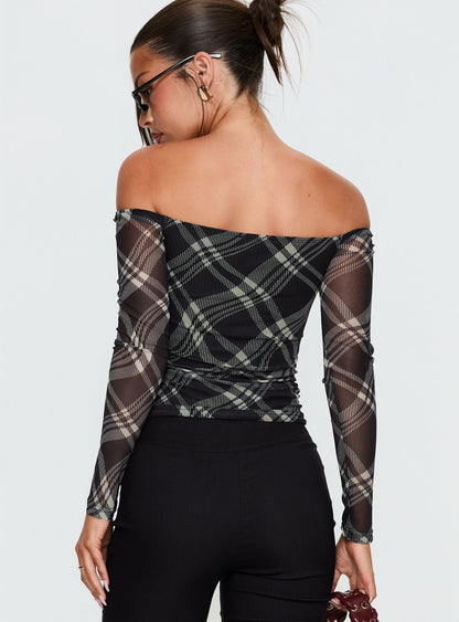 Siarah Off Shoulder Long Sleeve Top Multi Check
