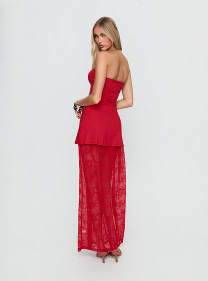 Aleda Sheer Lace Detail Strapless Maxi Dress Red