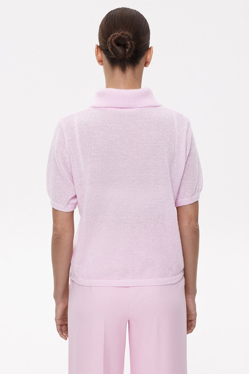 Minimalist Polo Hollow Knit Puff Sleeve Blouse