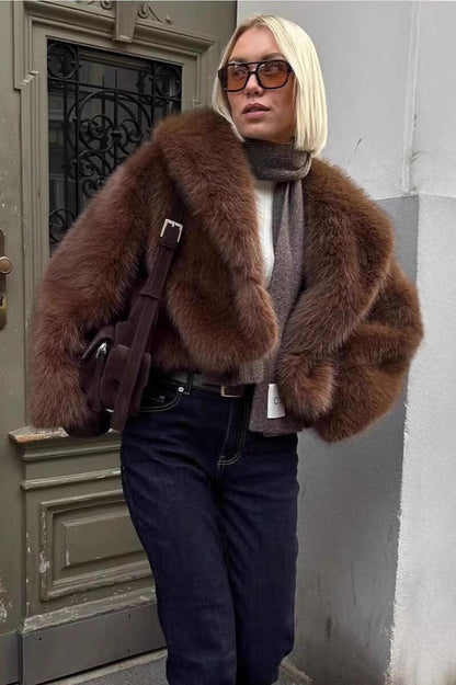 Retro Solid Color Plush Warm Short Notch Collar Coat
