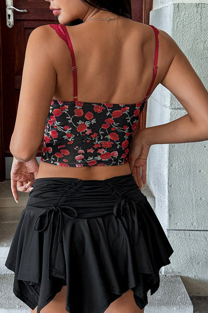 Rose Print Lace Bustier Tie Slim Cami Top